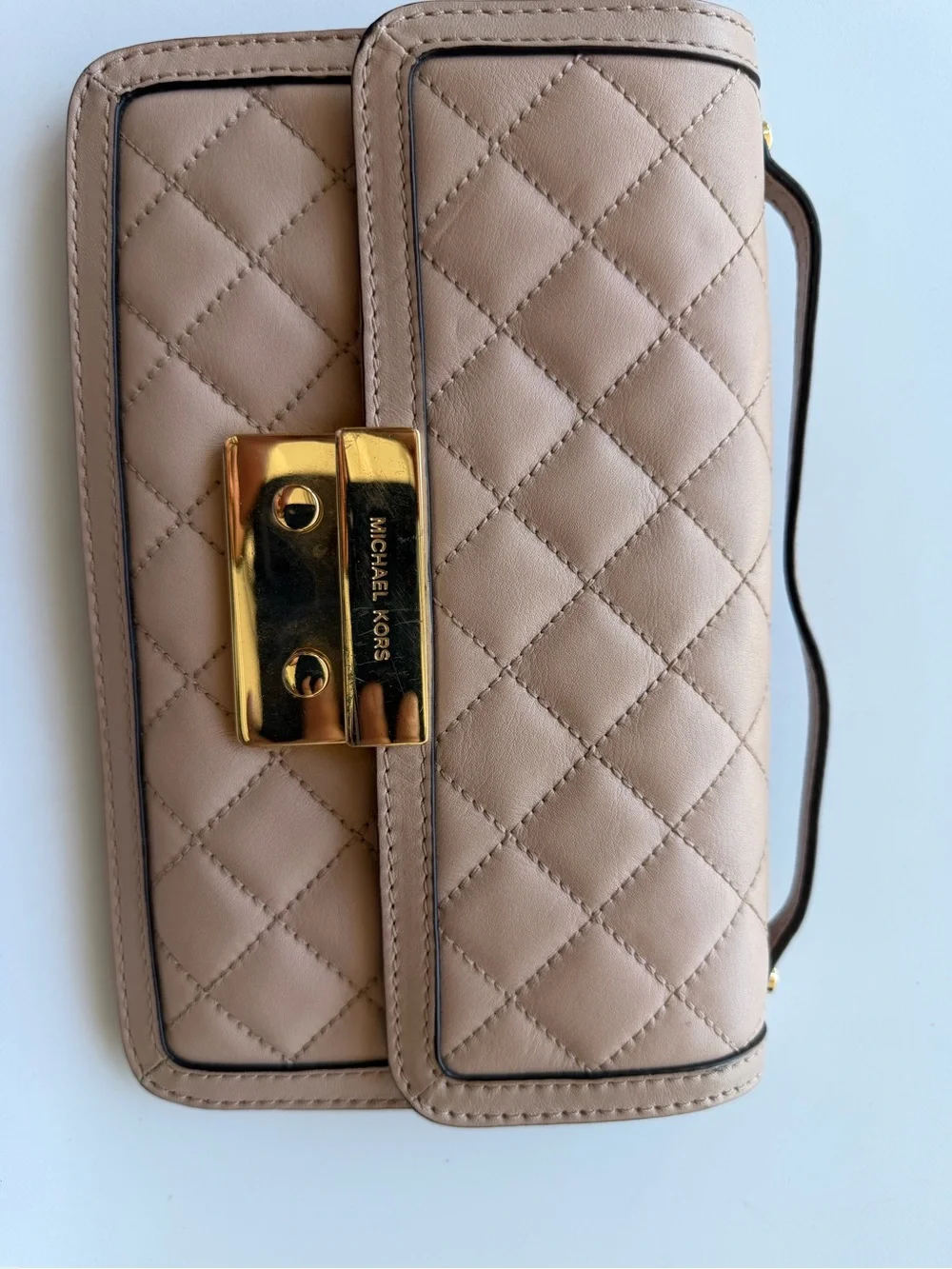 Michael Kors Quilted Nude Beige Wristlet with Gold Hardware and chain